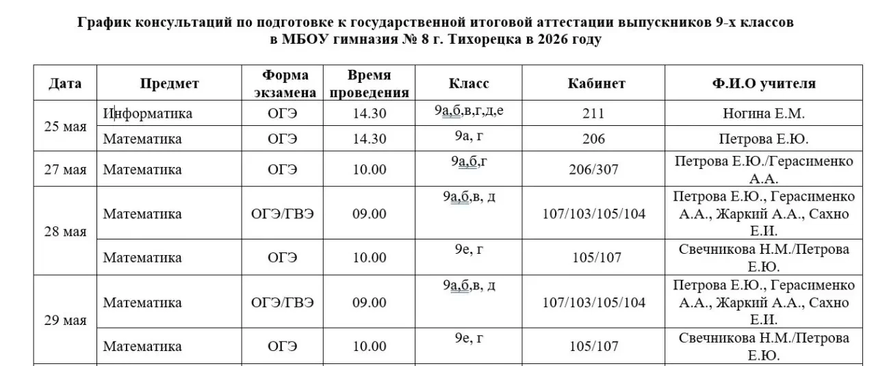 📅 График консультаций по подготовке к ГИА-2026 (ОГЭ и ЕГЭ)  Готовимся к экзаменам системно и без стр