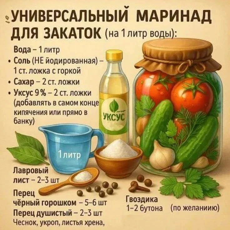 УНИВЕРСАЛЬНЫЙ МАРИНАД ДЛЯ ЗАКАТОК.

Ставьте ❤, если понравился рецепт

Удачных заготовок!👨‍🍳

🥫 З