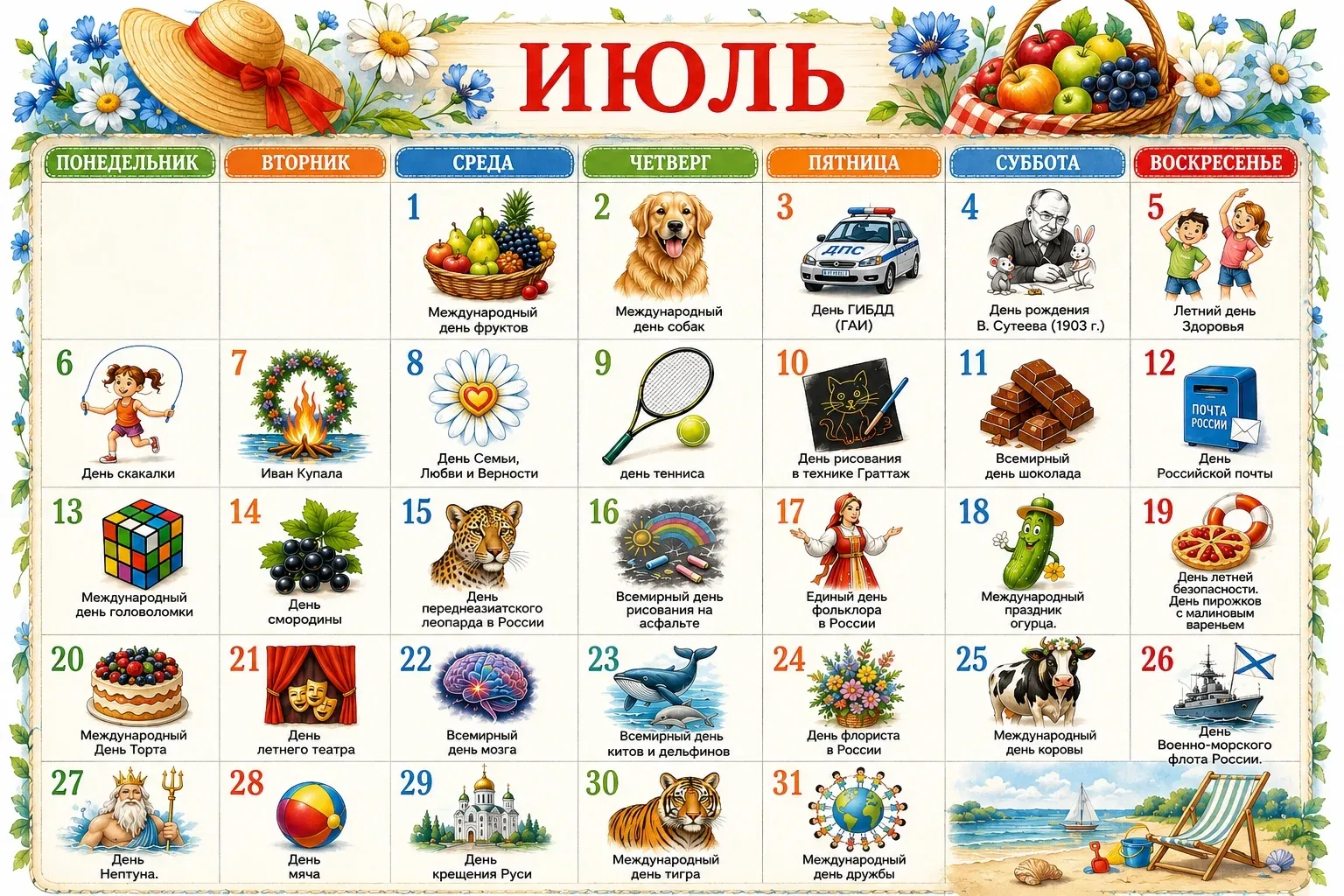 🌼Лето продолжается 🌤️. А вот и календарь 📅 необычных и интересных праздников на июль месяц.
🌼Каж