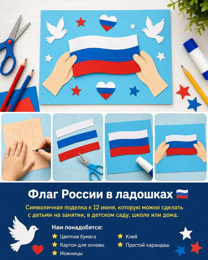 Флаг России в ладошках 🇷🇺

Простая и красивая поделка к 12 июня для занятий с детьми в детском сад