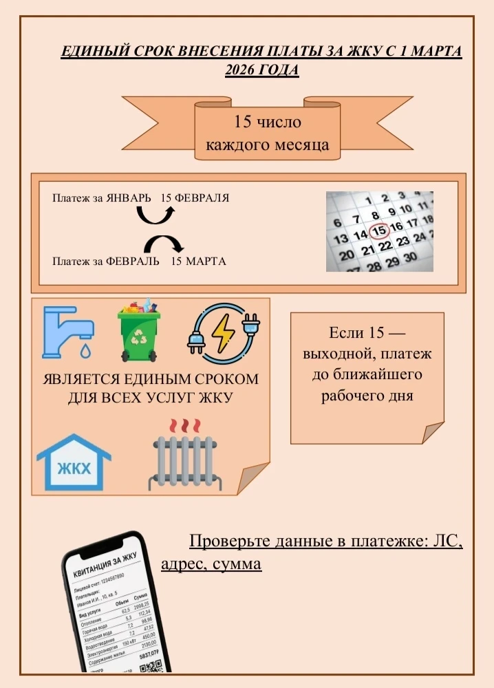 С 1 марта 2026 года в России вводится единый срок оплаты коммунальных услуг — до 15-го ...