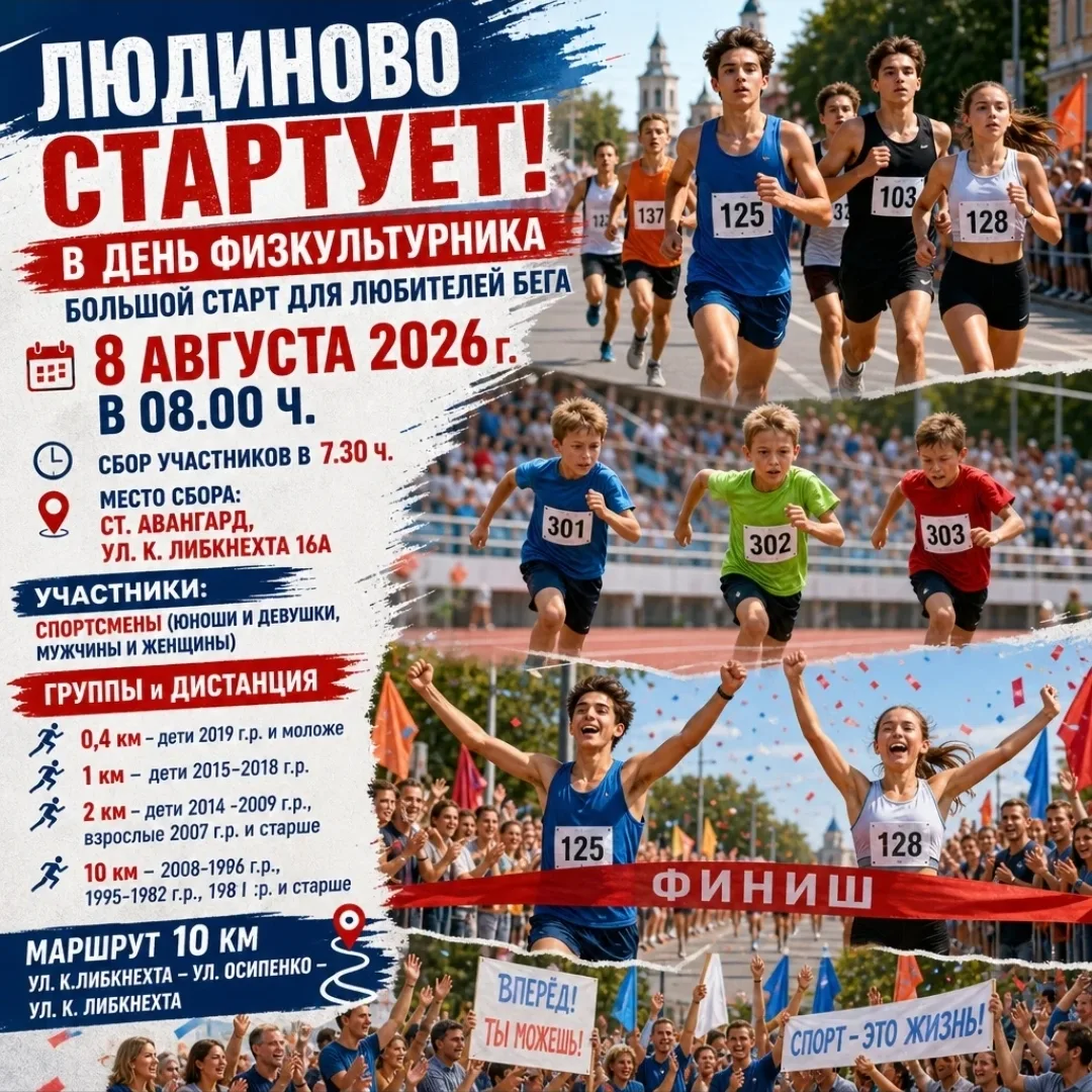 ‼️НАЧНИ САМЫЙ СПОРТИВНЫЙ ДЕНЬ В ГОДУ ПРАВИЛЬНО! 

✅️8.08. В 8.00 СТАРТУЕТ ЛЮДИНОВО

Сбор спортсменов