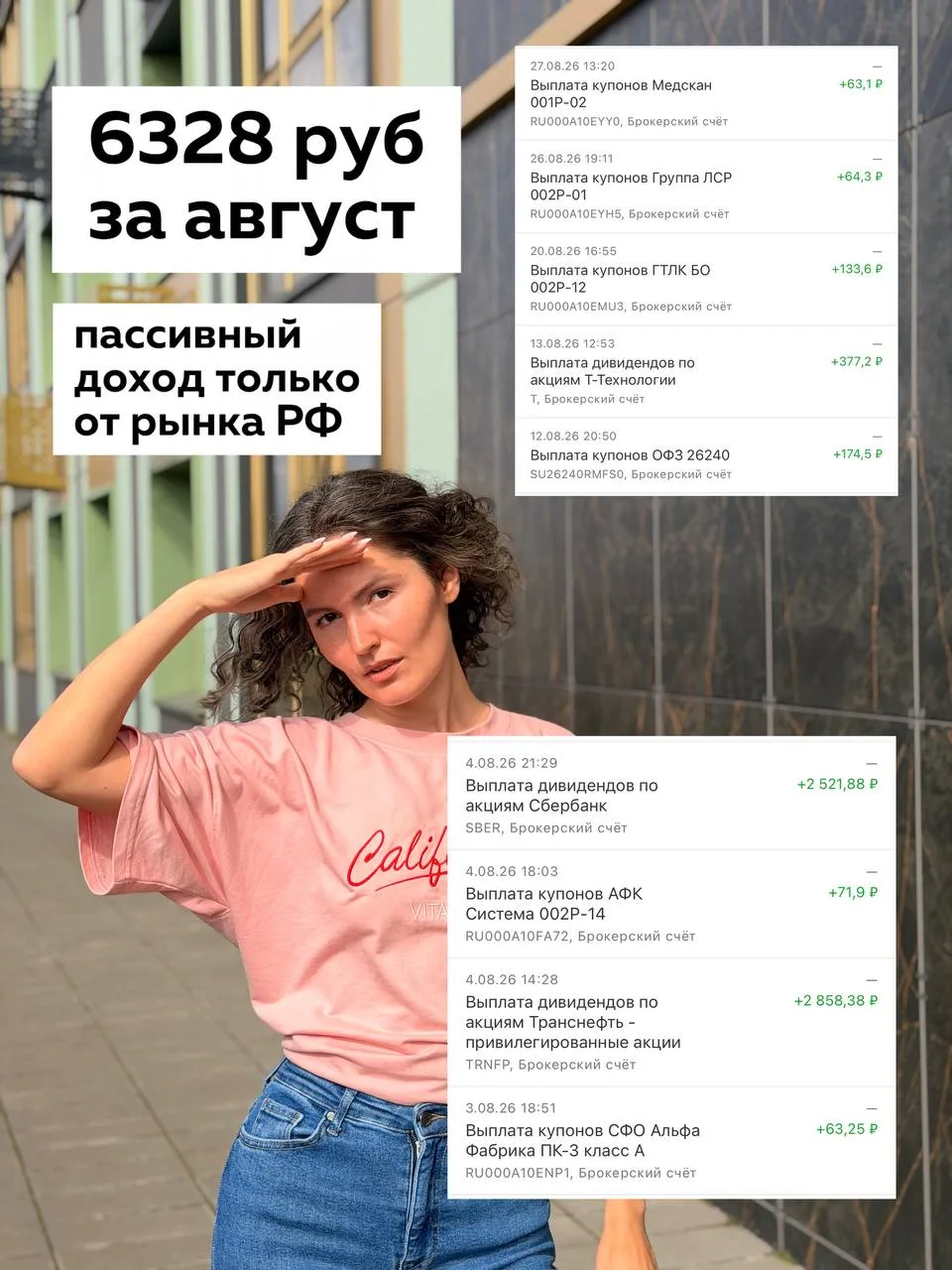 6328 руб за август пассивного дохода только от рынка РФ