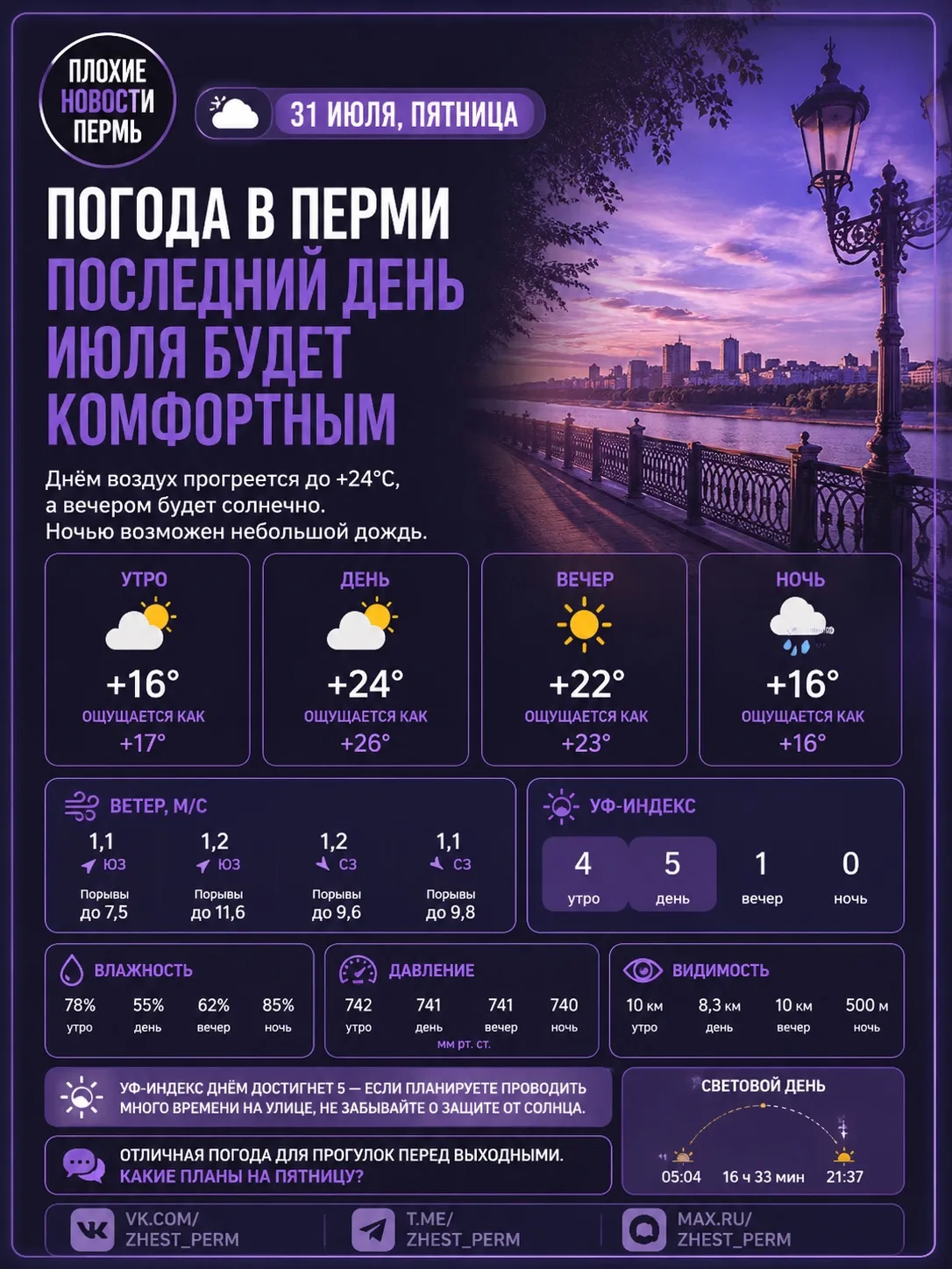 🌤 Погода в Перми на пятницу, 31 июля

Последний день июля порадует комфортной погодой. Днём воздух 