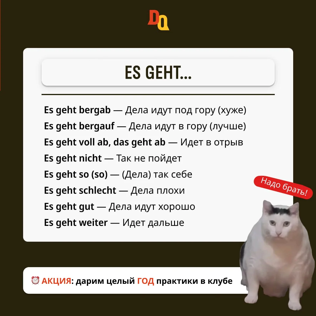 Es geht 🤌🏻 
8 полезных фраз на все случаи жизни 

Es geht bergab — Дела идут под гору (хуже)
Es ge