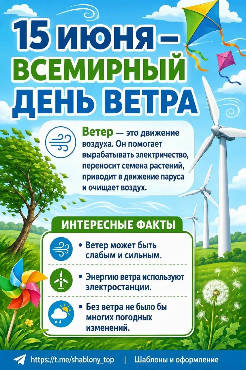 Информационный плакат «15 июня - Всемирный день ветра» + упражнения для развития речевого дыхания  
