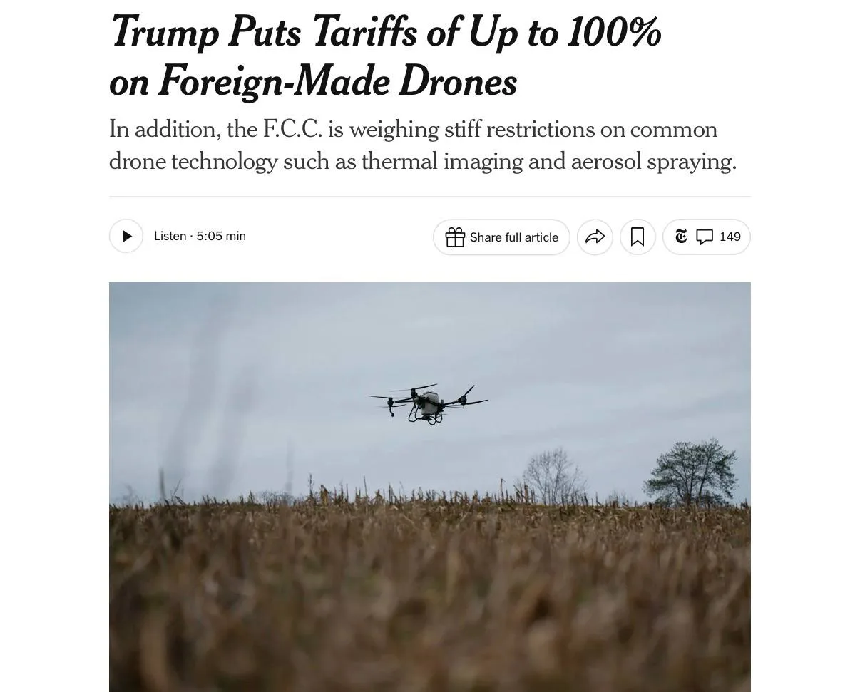 ⚡️ Трамп ввёл пошлины до 100% на иностранные дроны, — The New York Times.