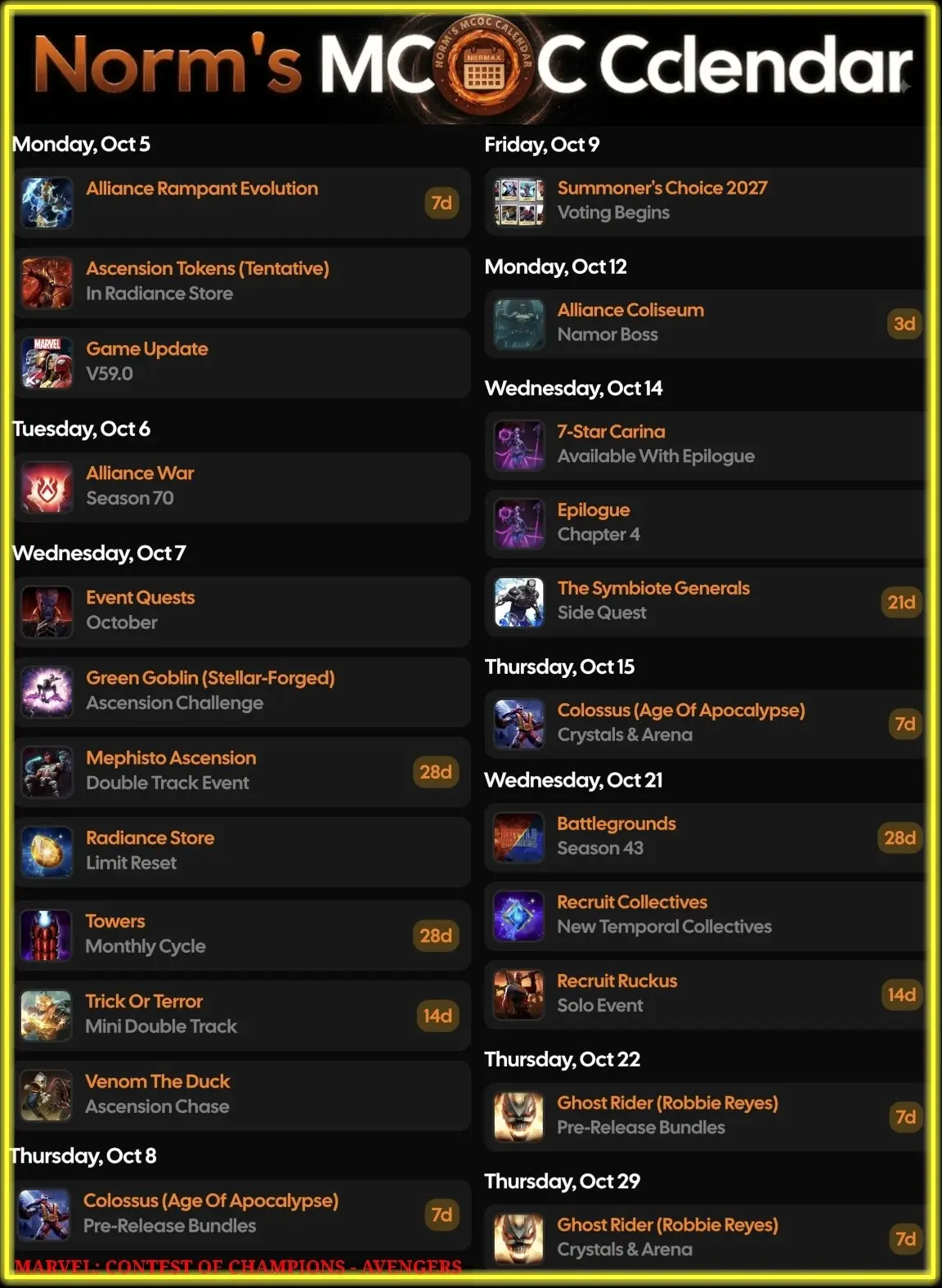 🗓Календарь событий  MCOC от Norm'а на Октябрь⬇️