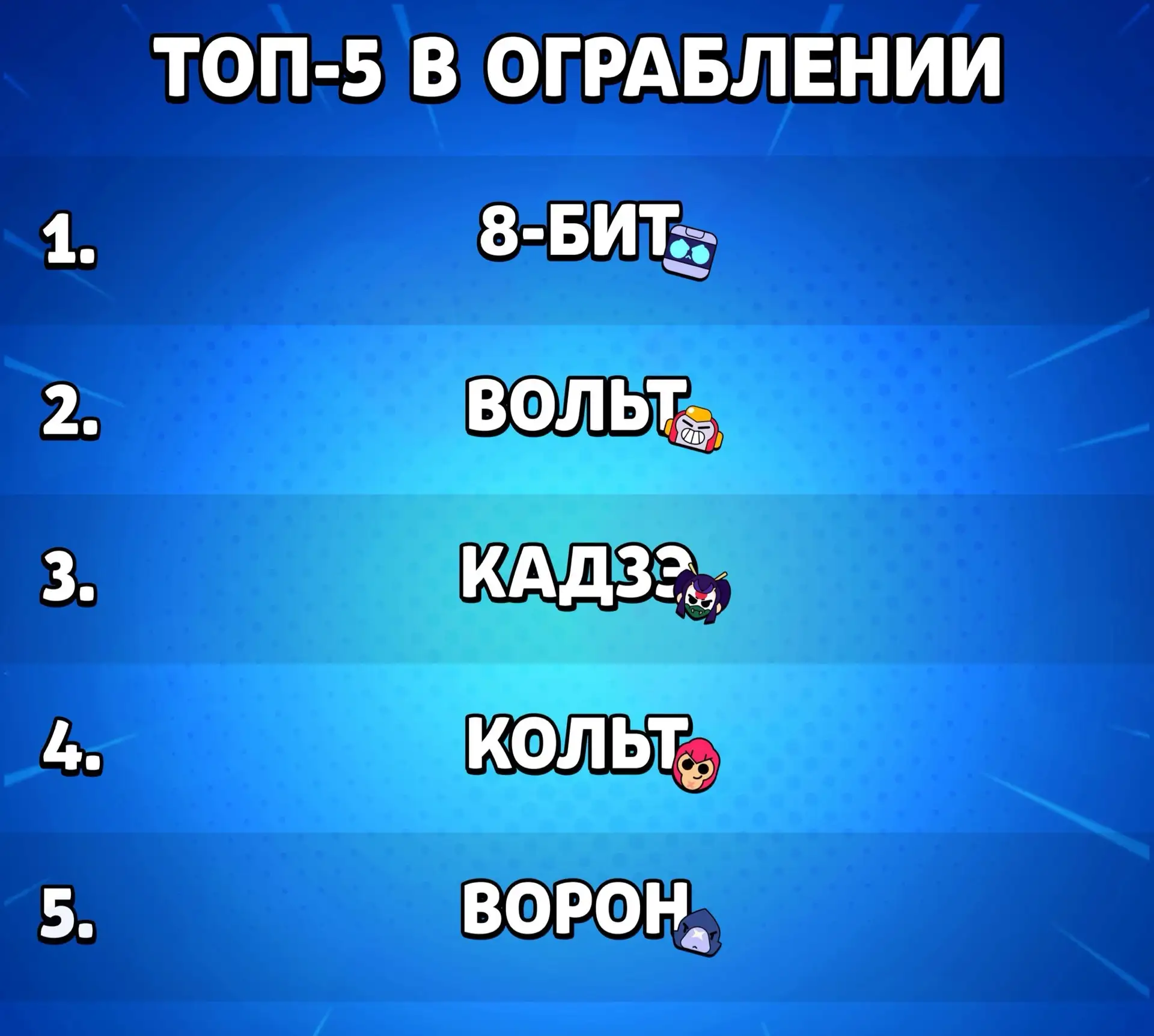 👍ЛУЧШИЕ ПИКИ ДЛЯ ОГРАБЛЕНИЯ

Данные персонажи являются лучшими выборами в режиме «Ограбление» в ран