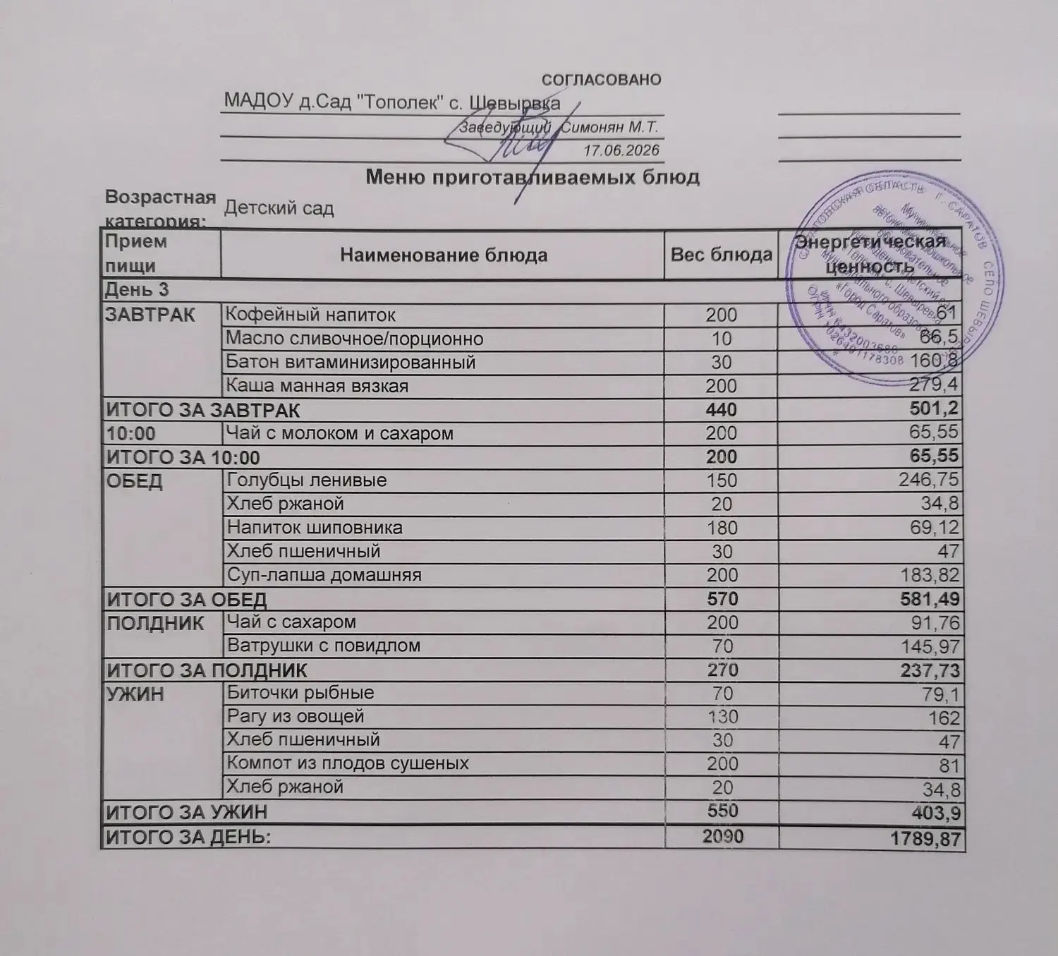 Меню на 17.06.2026
