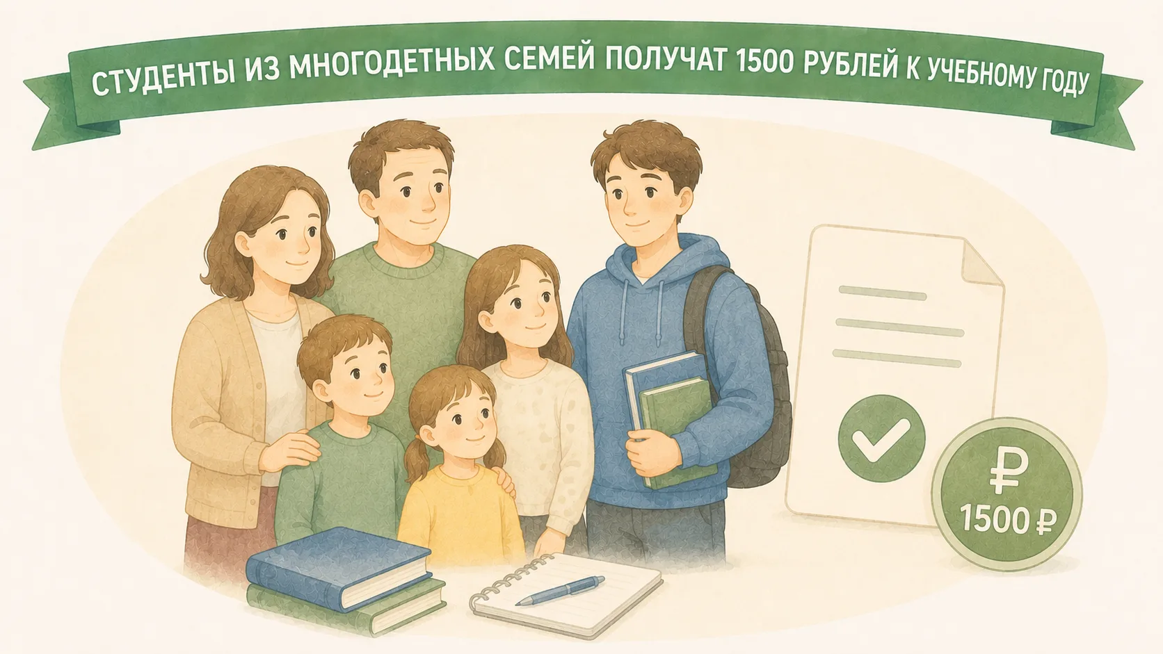 📌 Студенты из многодетных семей получат 1500,0 рублей к учебному году.