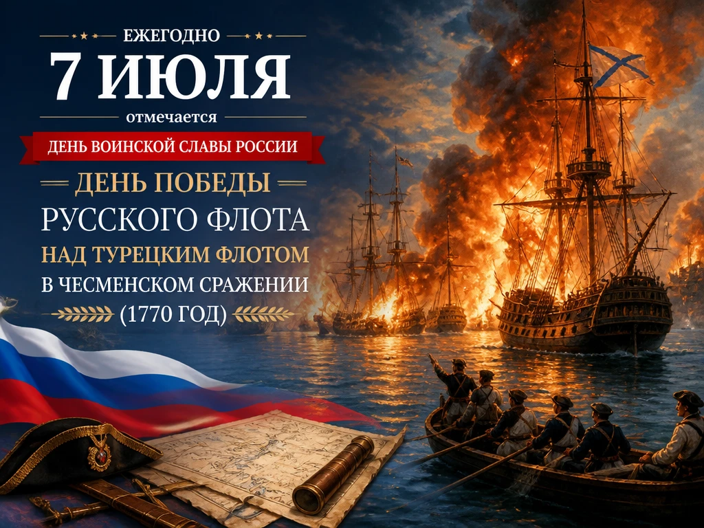 7 июля в 1770 году русский флот одержал триумфальную победу в Чесменском сражении, разг...
