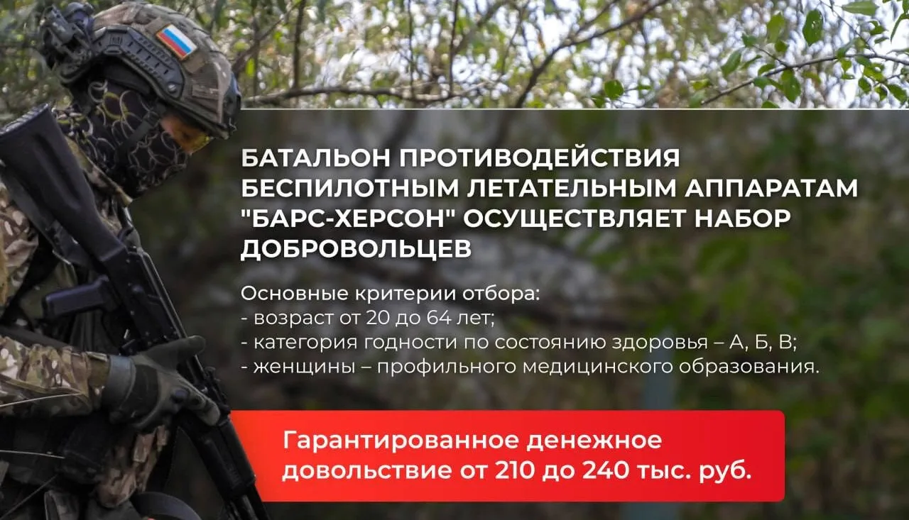 БАРС-Херсон
 
Батальон противодействия беспилотным летательным аппаратам «БАРС-Херсон» осуществляет 