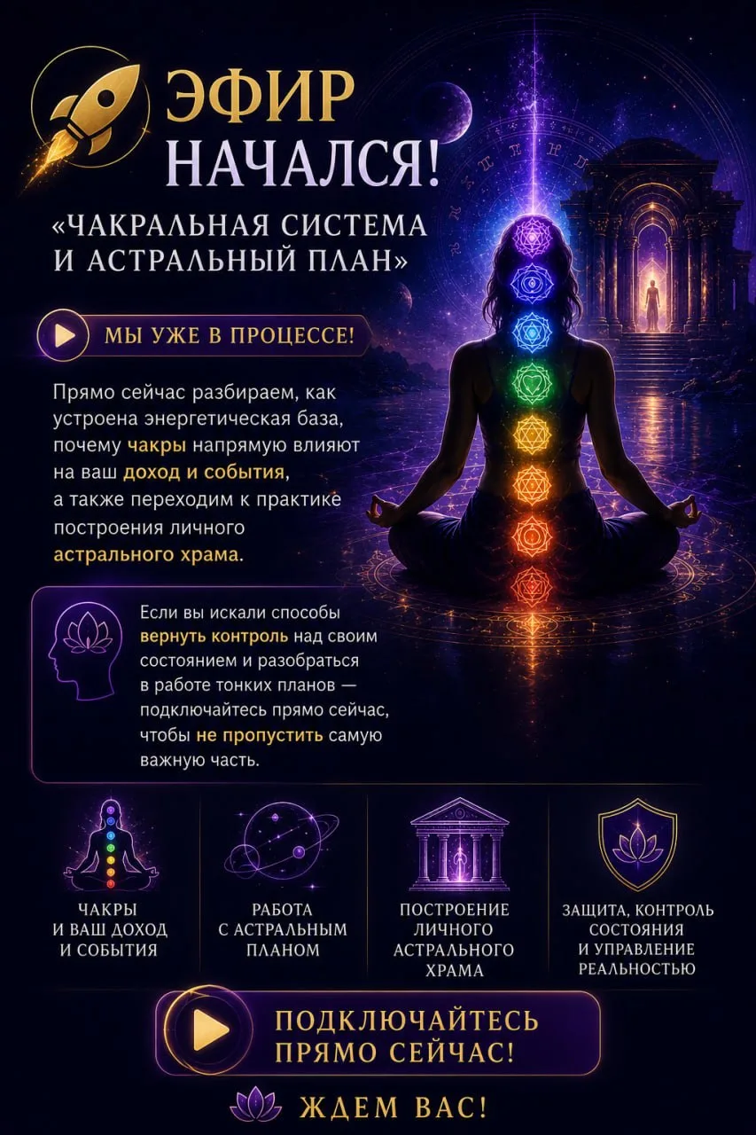 🚀 Эфир «Чакральная система и астральный план» начался!

Мы уже в процессе! Прямо сейчас разбираем, 