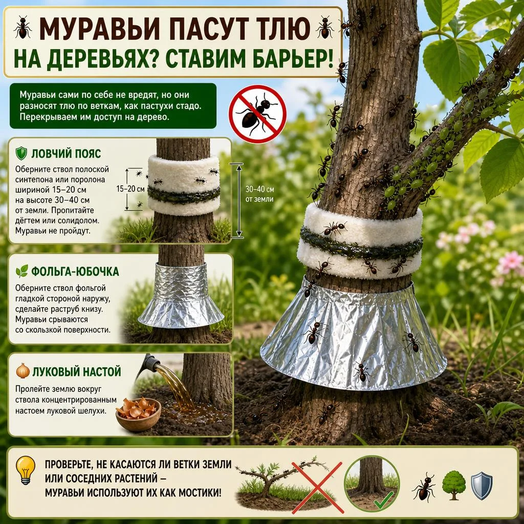 🐜 МУРАВЬИ ПАСУТ ТЛЮ НА ДЕРЕВЬЯХ? СТАВИМ БАРЬЕР! 🐜

Муравьи сами по себе не вредят, но они разносят