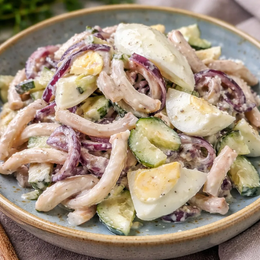 Салат с кальмарами и обжаренным луком  Сытный и выразительный по вкусу салат из минимального набора 