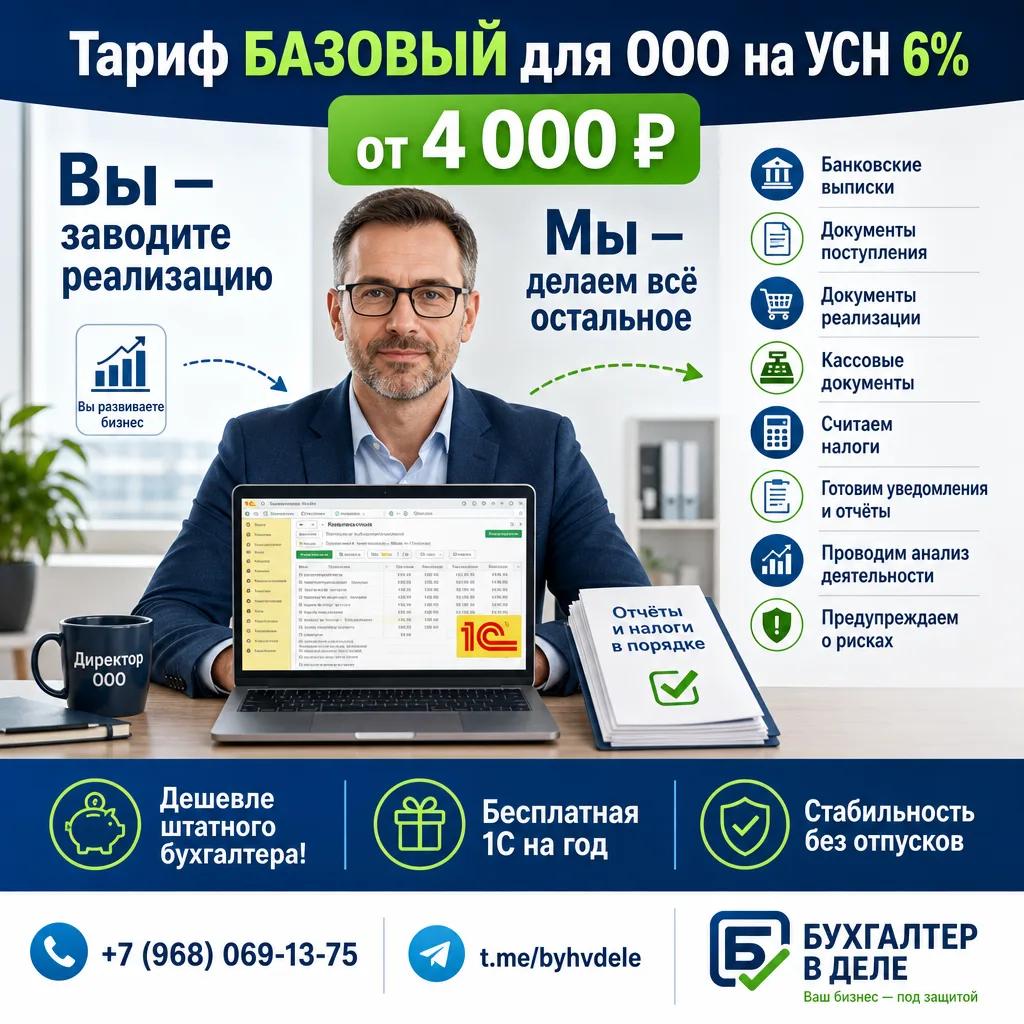 Тариф БАЗОВЫЙ для ООО на УСН 6% от 4 000 ₽
Вы - заводите реализацию в программе.
Мы - делаем все ост