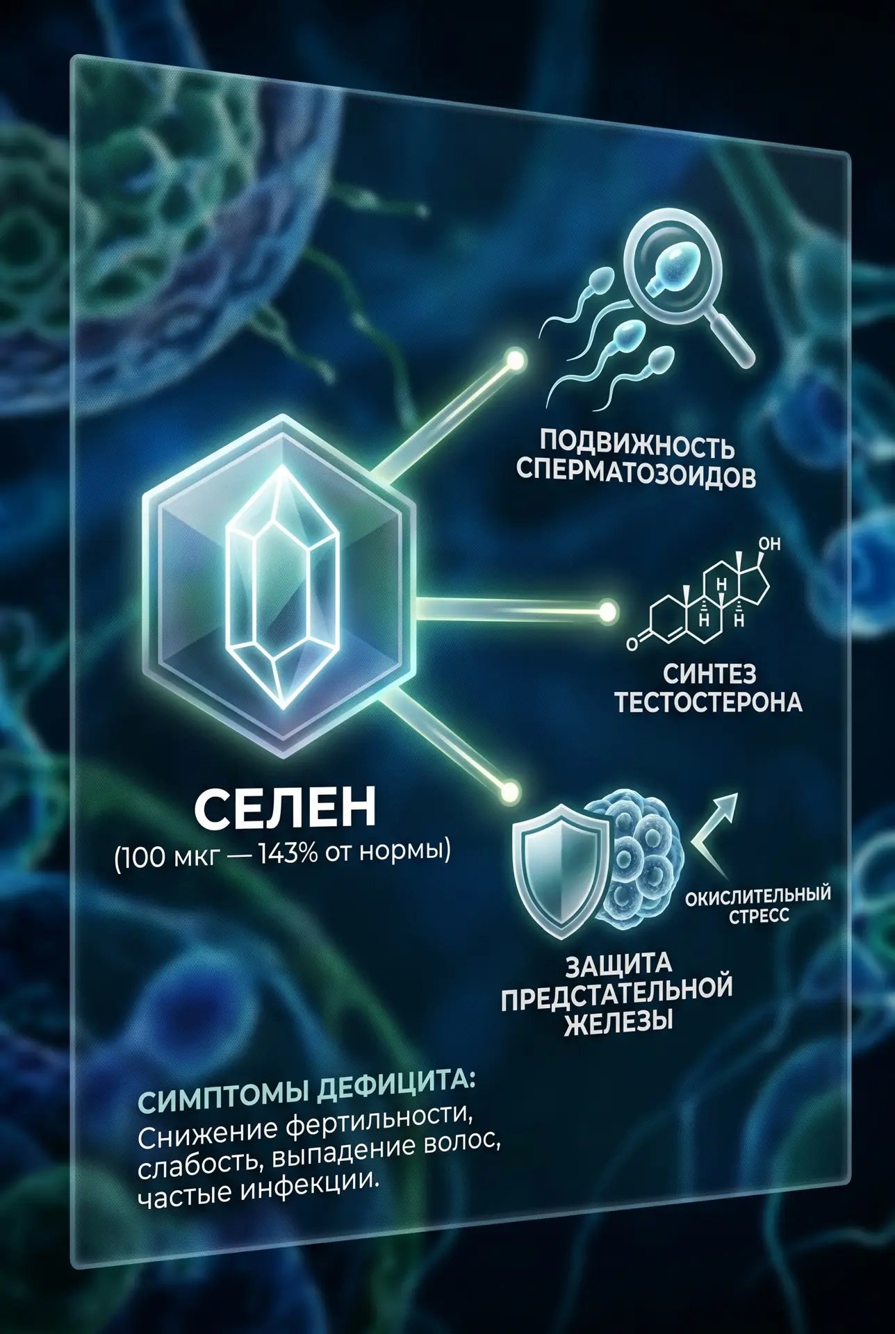 6️⃣🧪 СЕЛЕН (100 мкг — 143% от нормы)

❓Что это: 

Микроэлемент, критический для мужской фертильност
