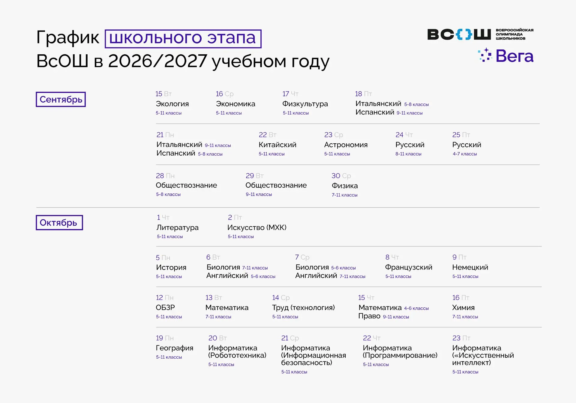 ВсОШ снова с нами: расписание опубликовано
