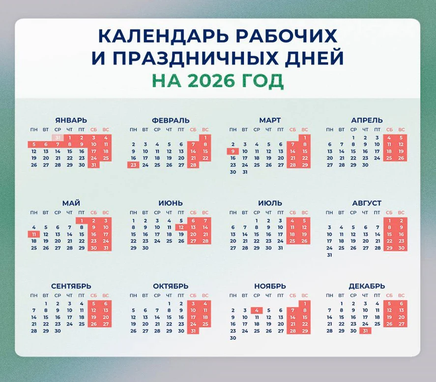 Готов производственный календарь на 2026 год, где отмечены все рабочие, выходные и праздничные дни. 