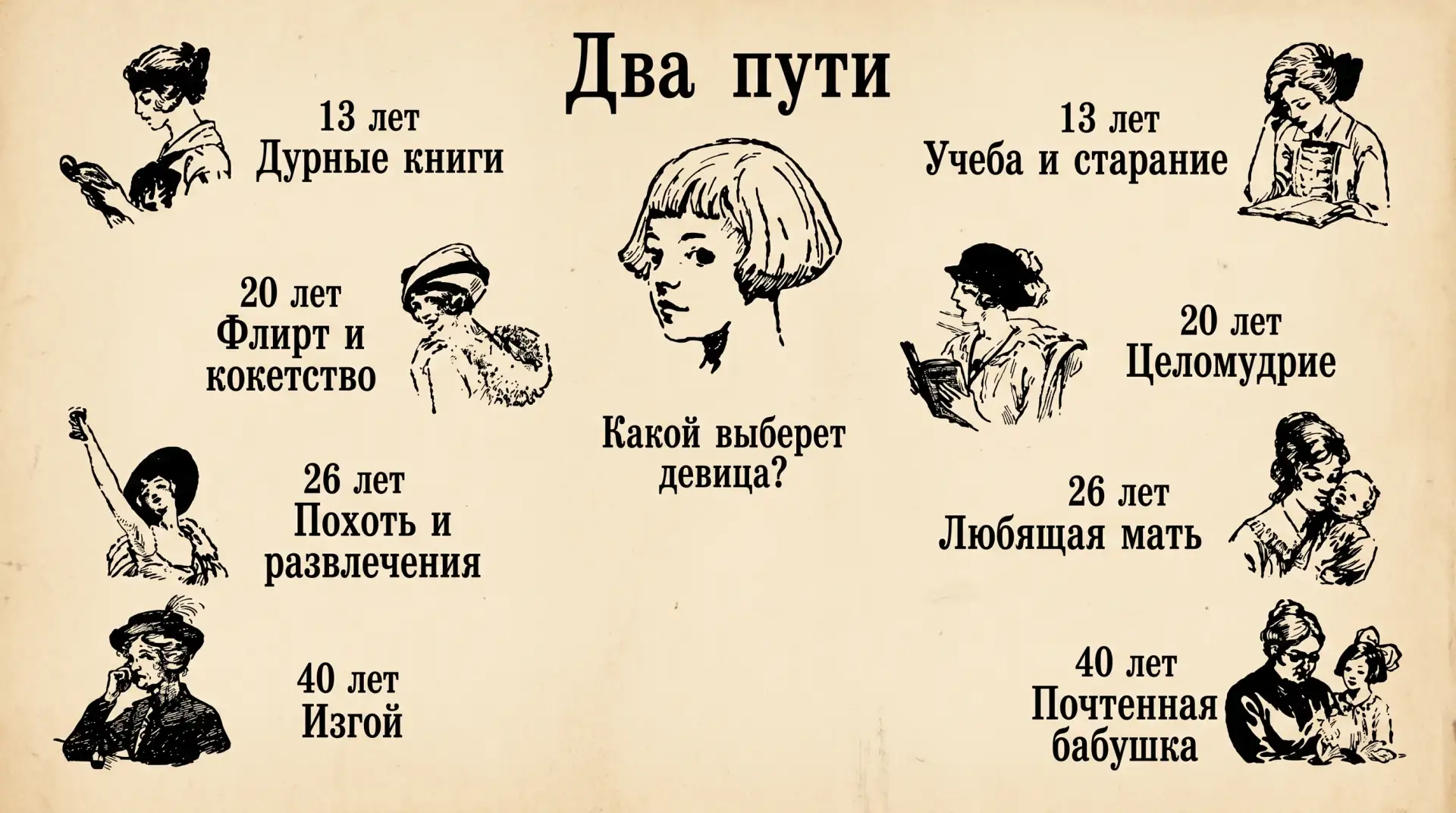 Поучительная открытка начала XX века. Обратите внимание на хороший путь: 26 лет - любящая мать, 40 л
