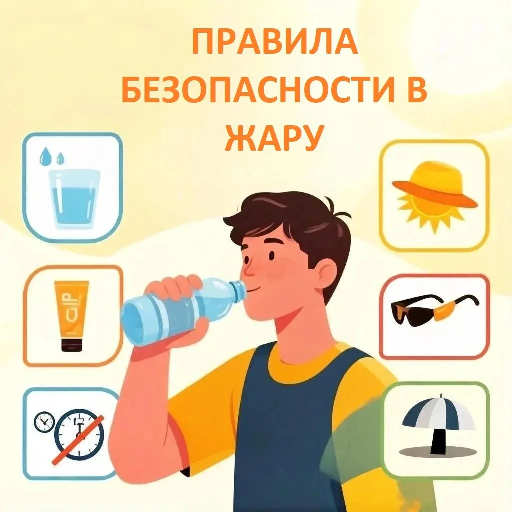 🌞Правила безопасности в жару:
 
1. Носите светлую и воздухопроницаемую закрытую одежду из натуральн