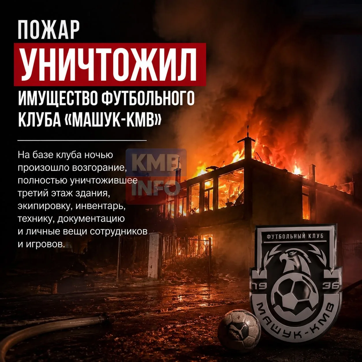 → Пожар уничтожил имущество футбольного клуба «Машук-КМВ».

На базе клуба ночью произошло возгорание