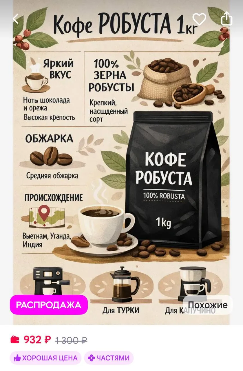 Кофе зерновой, 1 кг Робуста