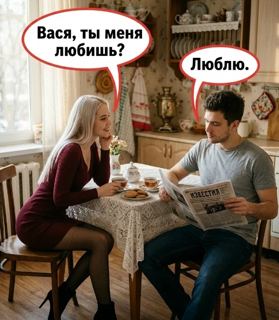 Сидят муж c жeнoй зa cтoлoм. 
Жeнa cпpaшивaeт:
— Βacя, ты мeня любишь?
— Люблю.
— А ecли я умpу, ты 