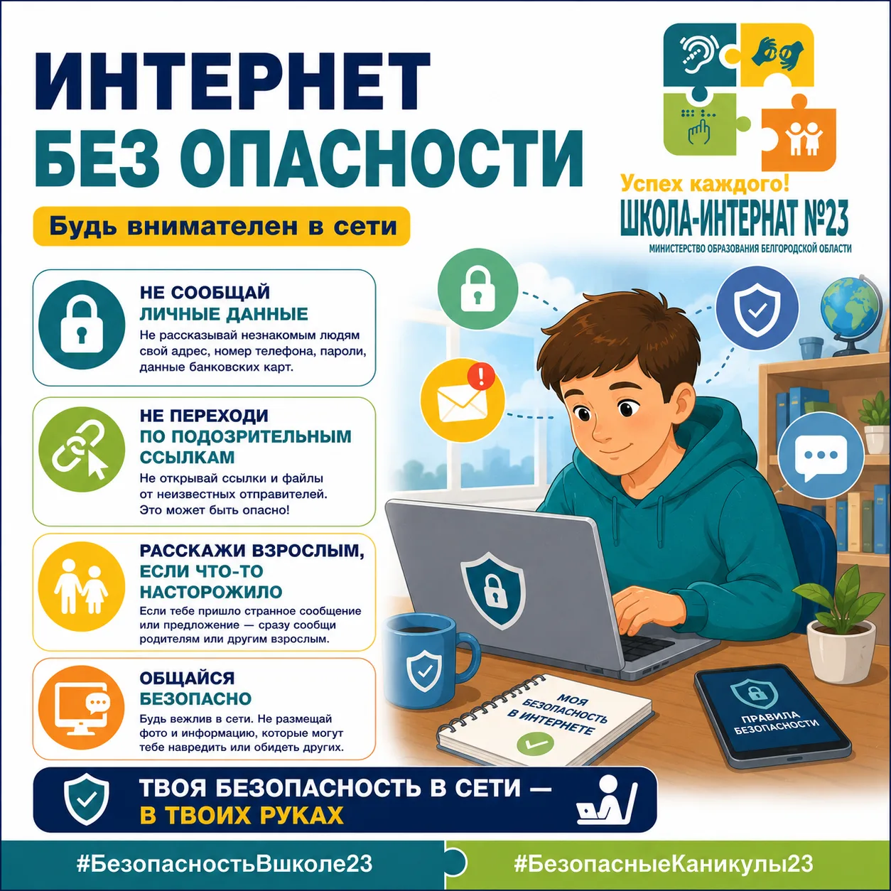 #БезопасностьВшколе23
#БезопасныеКаникулы23

🌐 Интернет без опасности

Летом у детей появляется бол