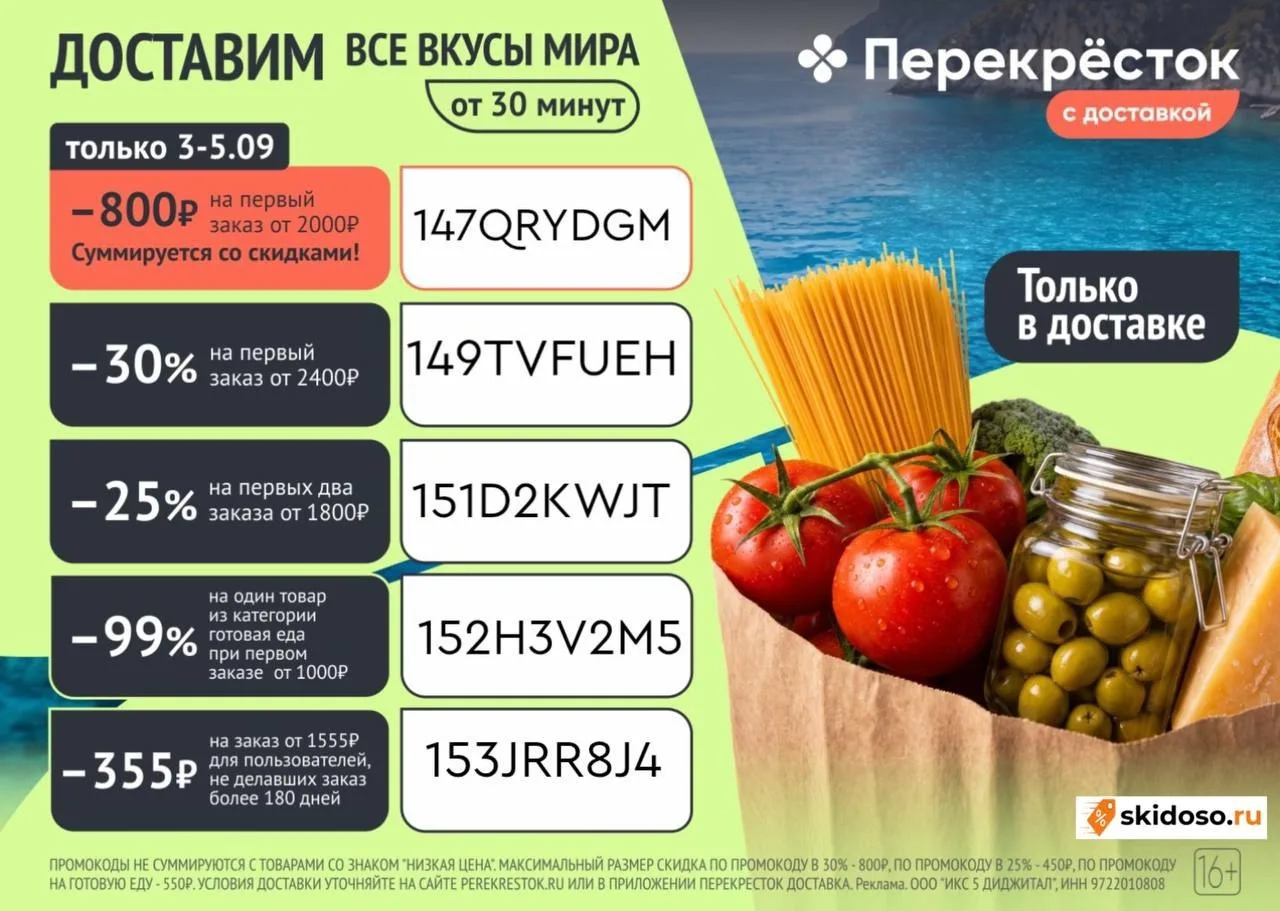 🔥Промокод в Перекрёсток Доставка до 5.09