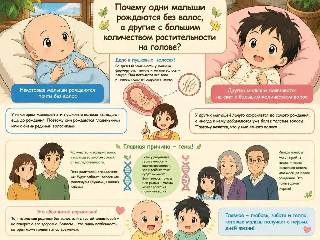 👶 Почему одни малыши рождаются с густыми волосами, а другие — совсем лысенькими?