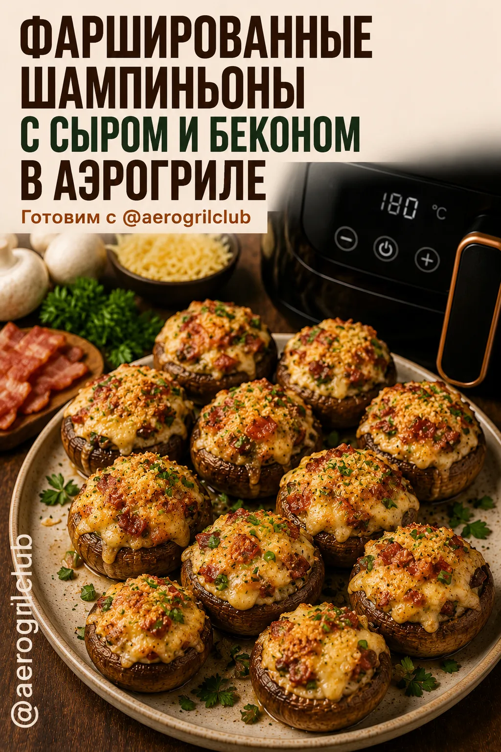 Фаршированные шампиньоны с сыром и беконом в аэрогриле