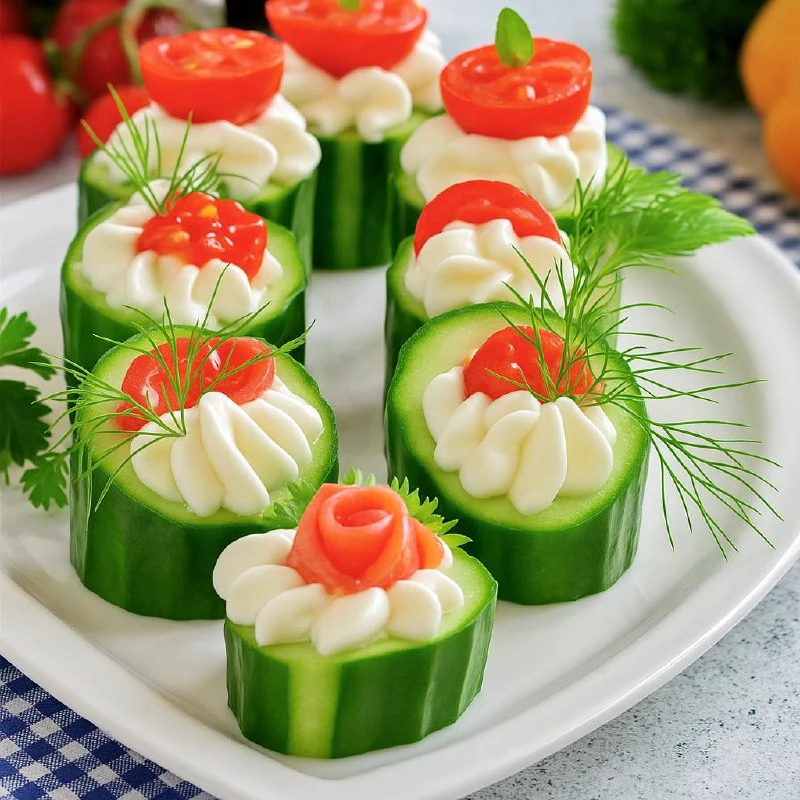 ЗАКУСКА ИЗ ОГУРЦОВ С СЫРОМ, ИКРОЙ И РЫБОЙ

Эта эффектная и быстрая закуска украсит любой праздничный
