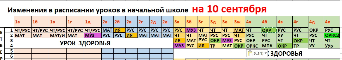Всем доброе утро. Расписание уроков в начальной школе на 10 сентября