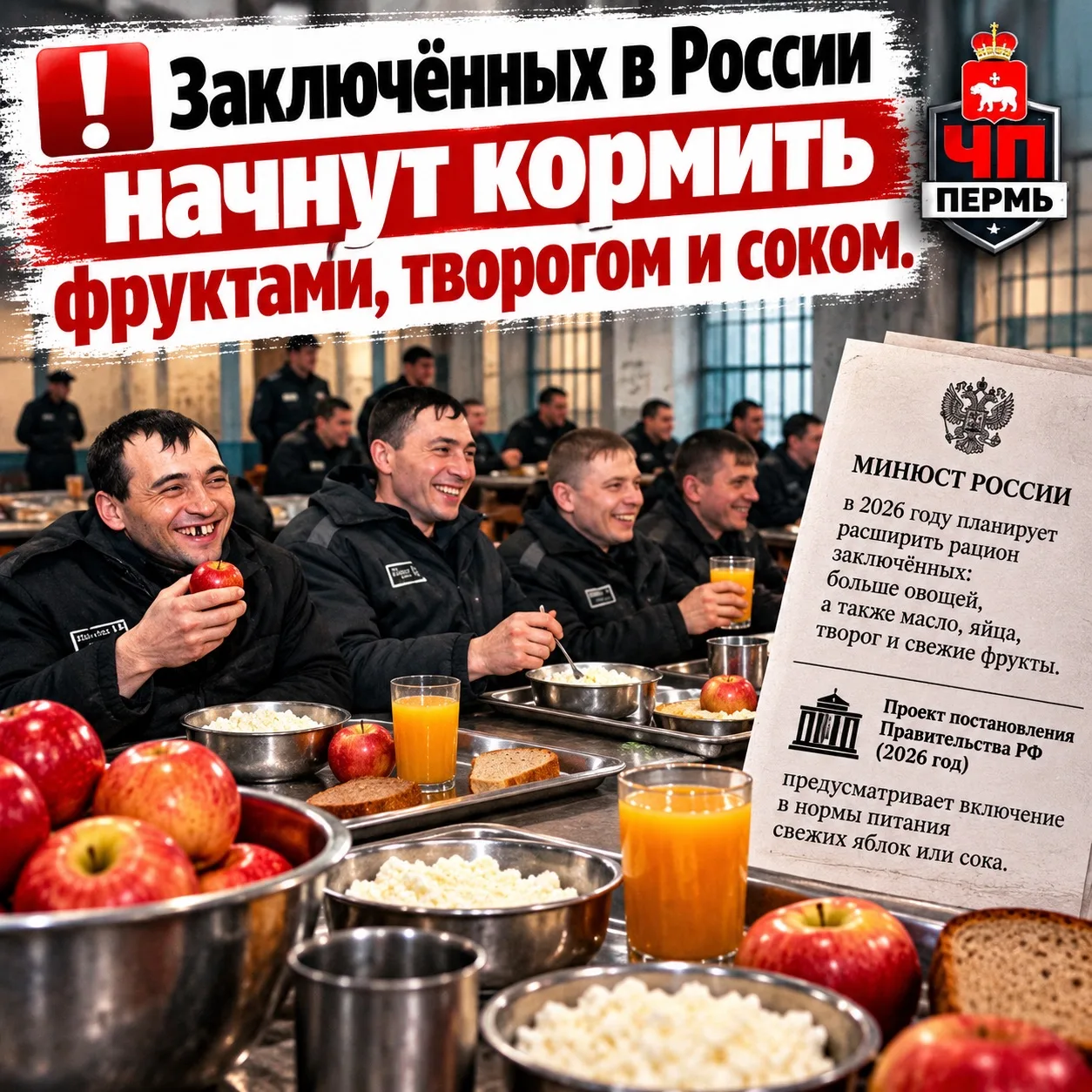 ❗️Заключённых в России начнут кормить фруктами, творогом и соком.