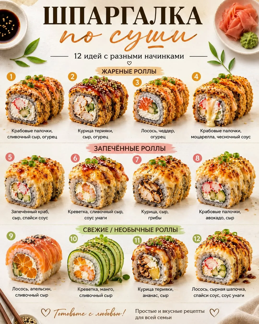 Шпаргалка по домашним роллам 🍣 

Тут и жареные, и запечённые, и необычные сочетания — всё, чтобы го