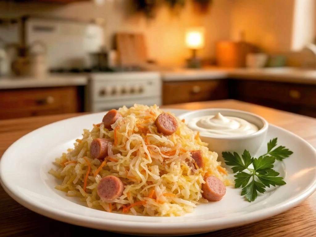 Бабушкина тушёная капуста с сосисками