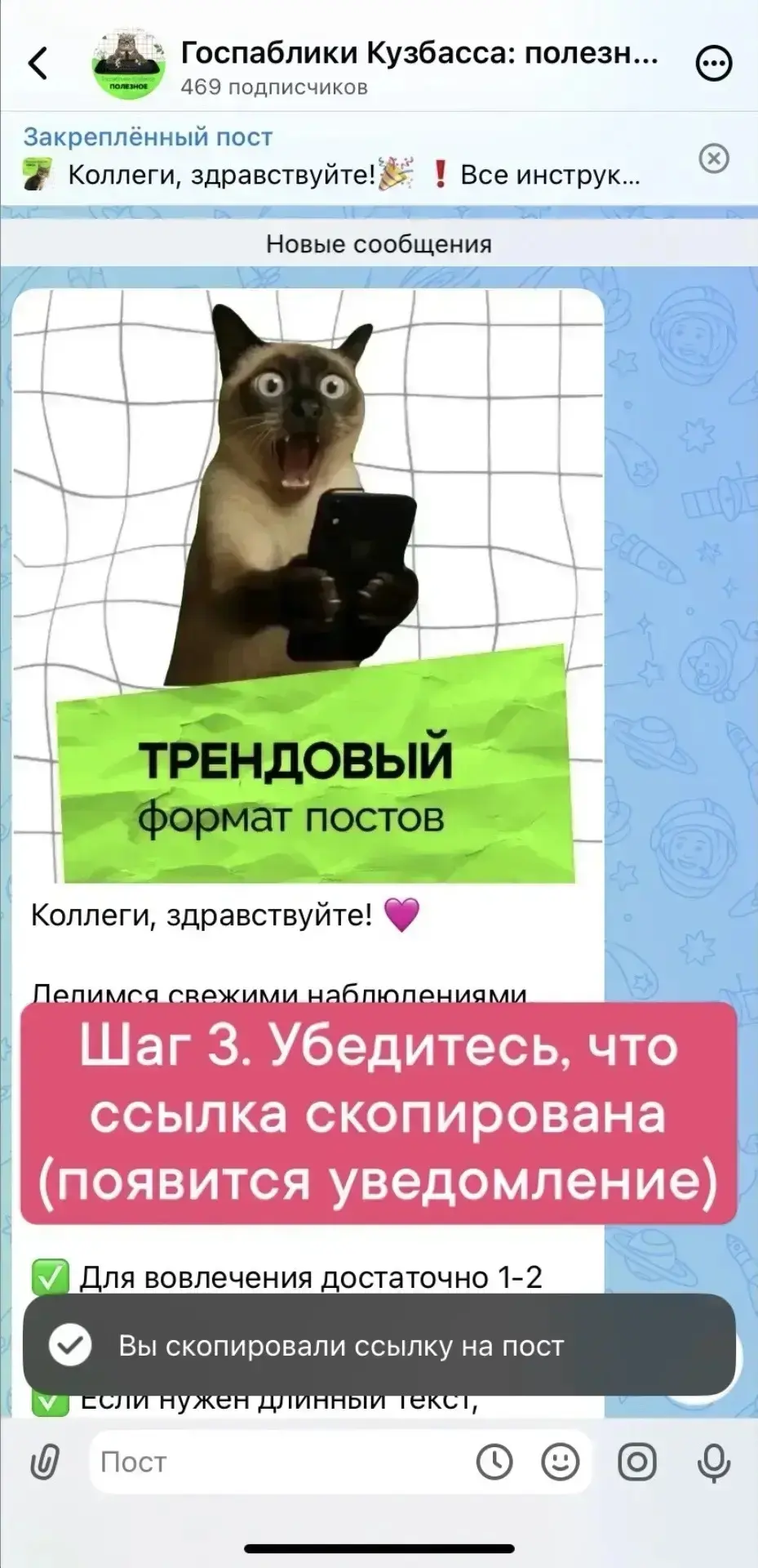 Коллеги, здравствуйте! ❤️

Делимся инструкцией, как скопировать ссылку на пост в МАКСе

1. Выберите 