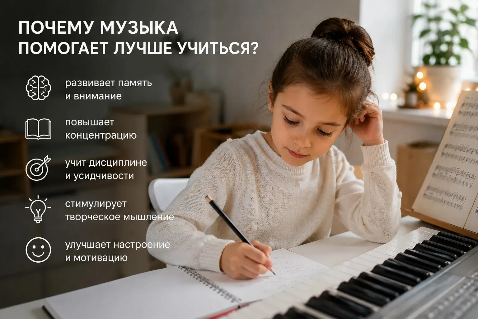 🎵 Почему музыка помогает лучше учиться?

Учёные давно заметили связь между занятиями музыкой и разв
