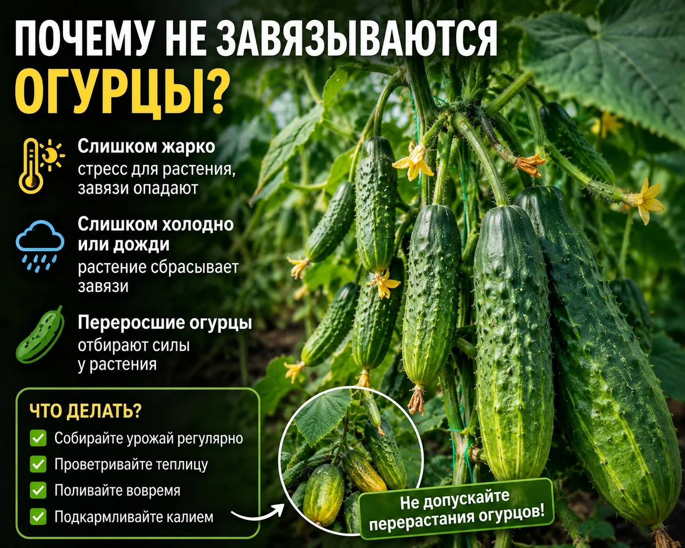 🥒 На огурцах много маленьких завязей, но они желтеют и опадают? Это одна из самых частых проблем в 