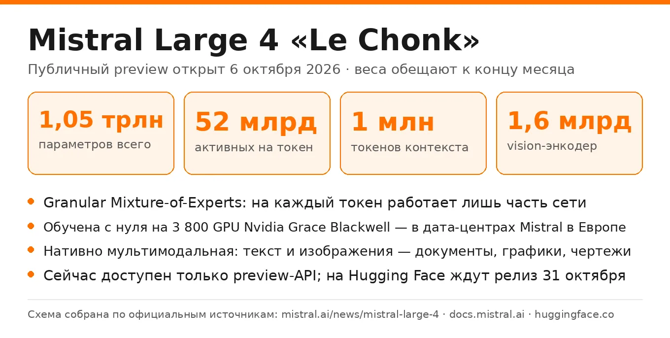 Mistral показала первого европейского триллионника: Large 4 «Le Chonk» на 1.05T, активн...