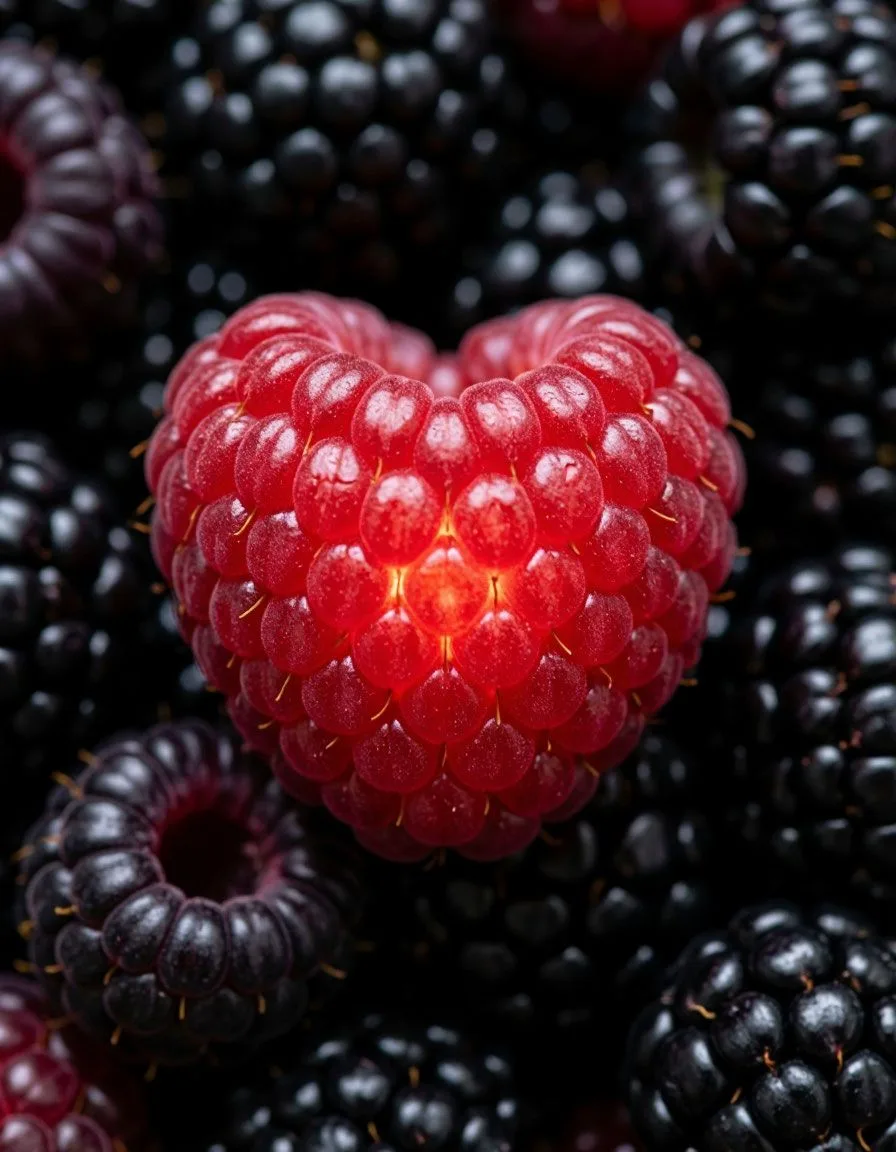 A macro shot of a bright red raspberry berry in the shape of a heart, a raspberry heart located in t
