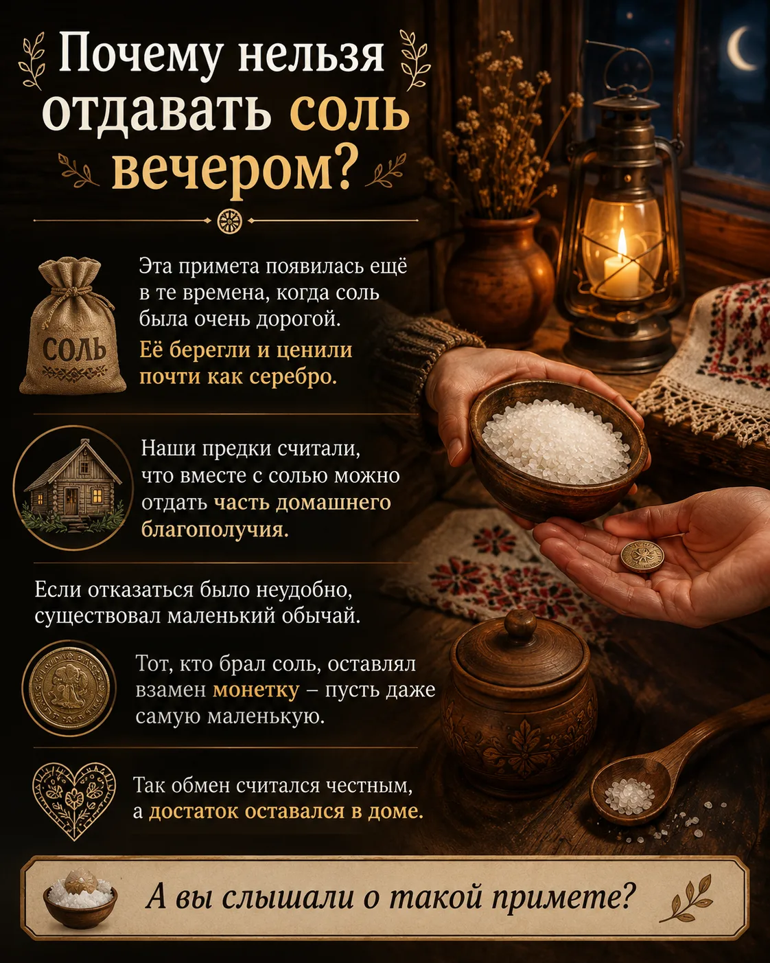 🌾🧂 Почему нельзя отдавать соль вечером?

Эта примета появилась ещё в те времена, когда соль была о