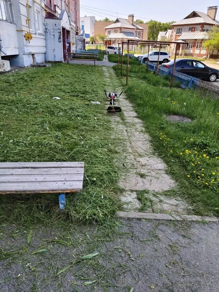 Управляющей организацией начаты сезонные работы по покосу травы на придомовых территориях.
