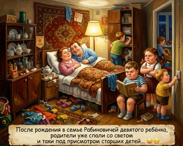 После рождения в семье Рабиновичей девятого ребенка, родители уже спали со светом и таки под присмот