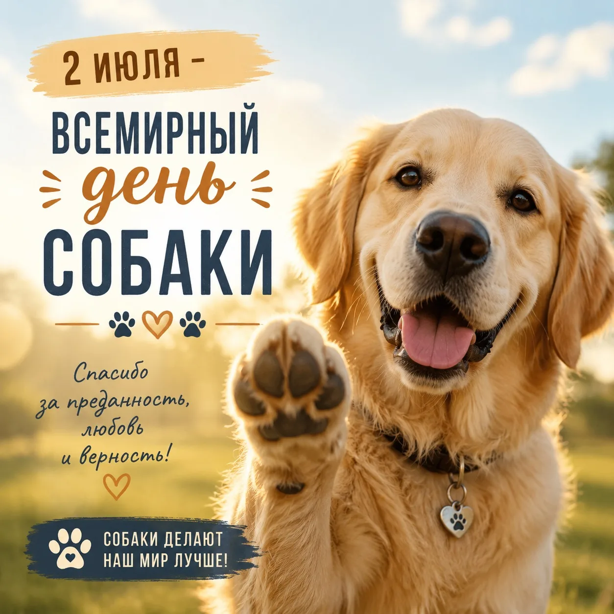 #Какойсегоднядень 
2 июля – Всемирный день собаки. 

🐶 Этот день официально признан Всемирным днем 