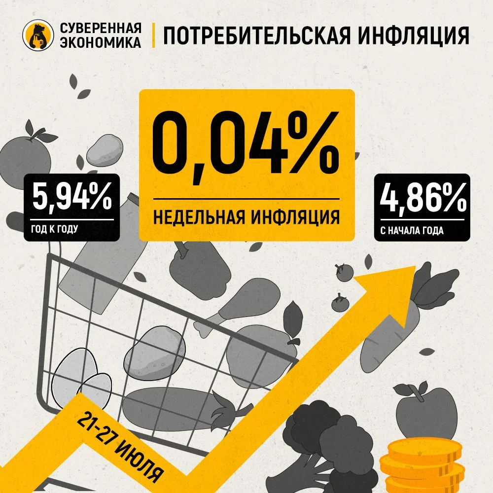 Недельная инфляция существенно замедлилась

Инфляция с 21 по 27 июля составила 0,04% против 0,17% на