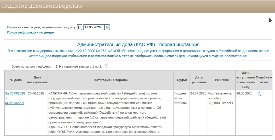 Опубликовали на нашем сайте подборку решений Солнечногорского городского суда по искам ...