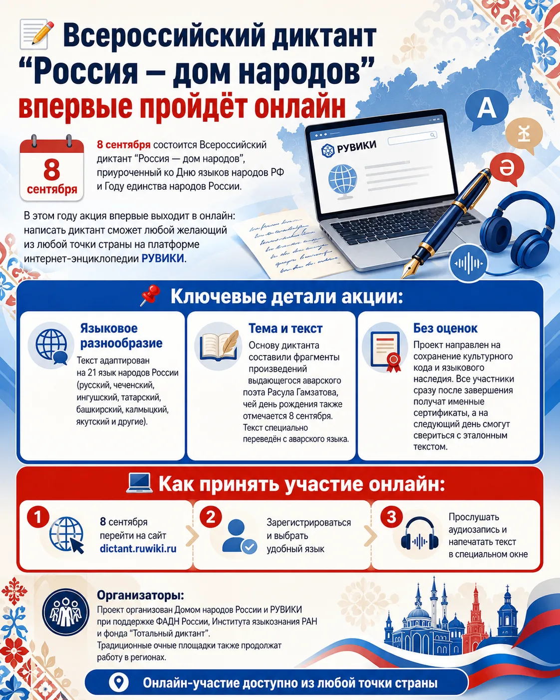 📝 Всероссийский диктант «Россия — дом народов» впервые пройдёт онлайн